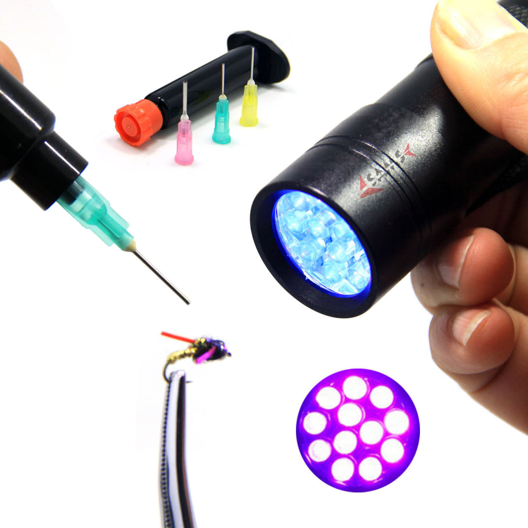 SAMS Fly Tying Kits UV 12 LEDs Flashlight and Clear Glue Syringe Dispenser - SAMSFX