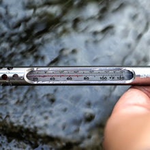Load image into Gallery viewer, Metal Fly Fishing Thermometer Stream Streamside Water 20-120 Fahrenheit Celsius